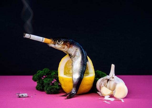 a sardine sitting on a lemon throne surrounded with garlic and parsley and smoking a Marlboro cigarette